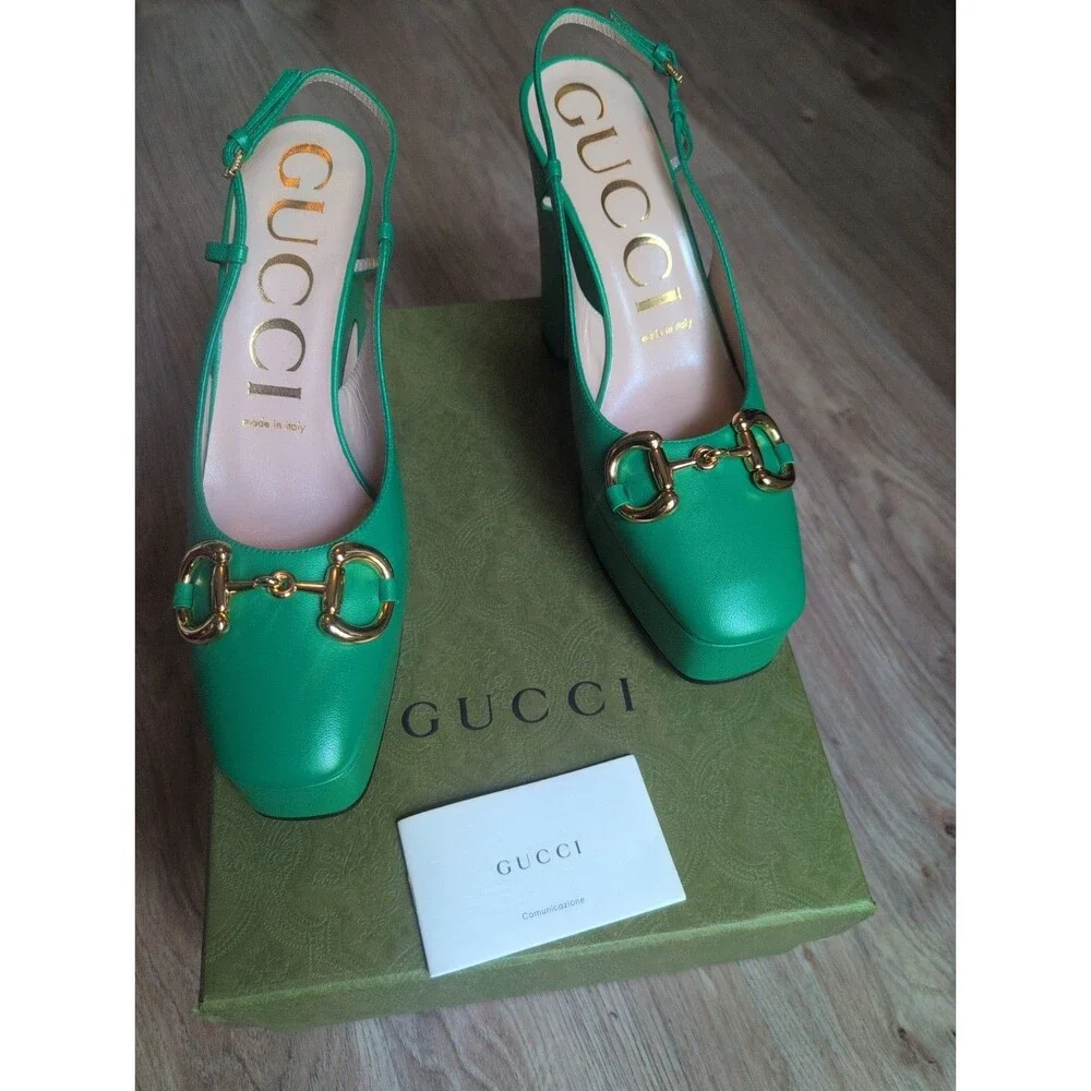 Gucci Charlotte Horsebit Platform Slingback Heels green Women's Eu 38 $1390
